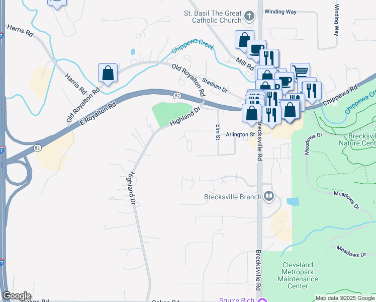 map of restaurants, bars, coffee shops, grocery stores, and more near 6700 Chaffee Court in Brecksville