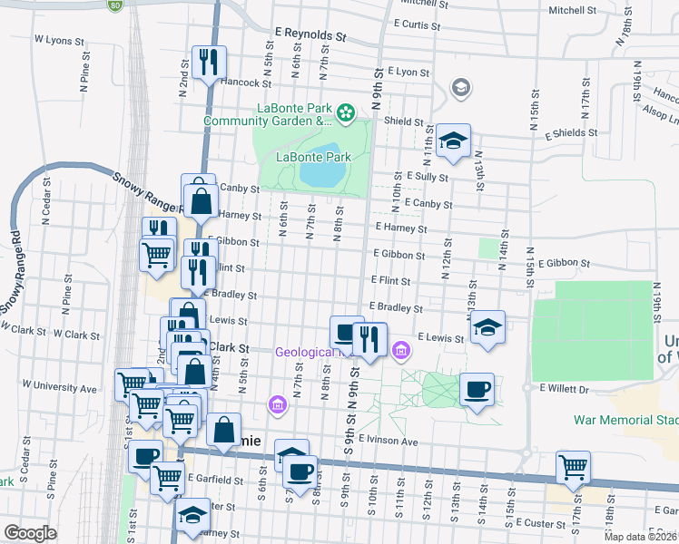 map of restaurants, bars, coffee shops, grocery stores, and more near 662 North 8th Street in Laramie
