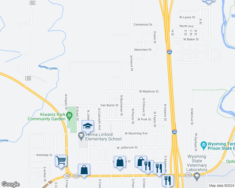 map of restaurants, bars, coffee shops, grocery stores, and more near 388 North Buchanan Street in Laramie