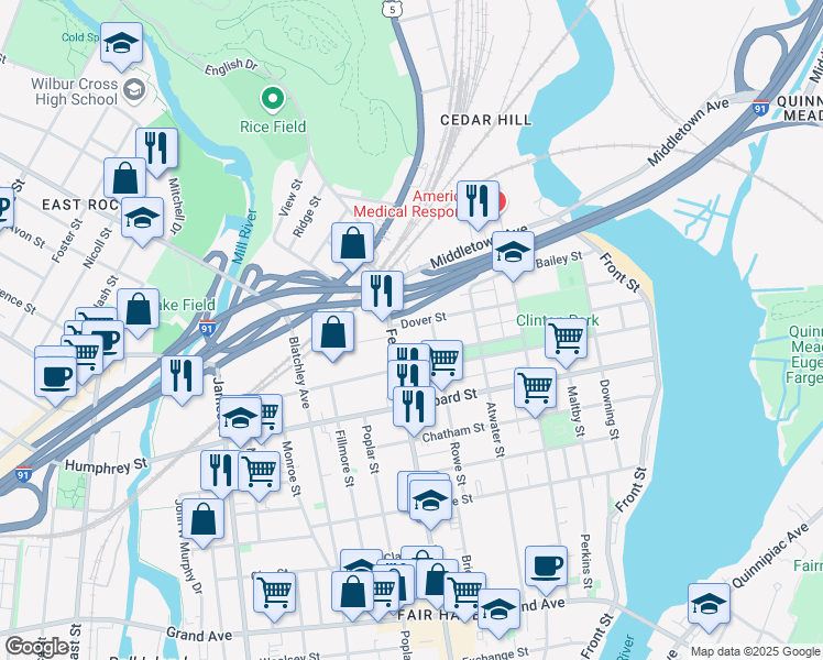 map of restaurants, bars, coffee shops, grocery stores, and more near 228 Dover Street in New Haven