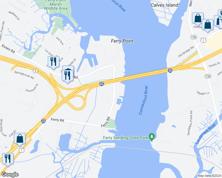 map of restaurants, bars, coffee shops, grocery stores, and more near 197 Ferry Road in Old Saybrook