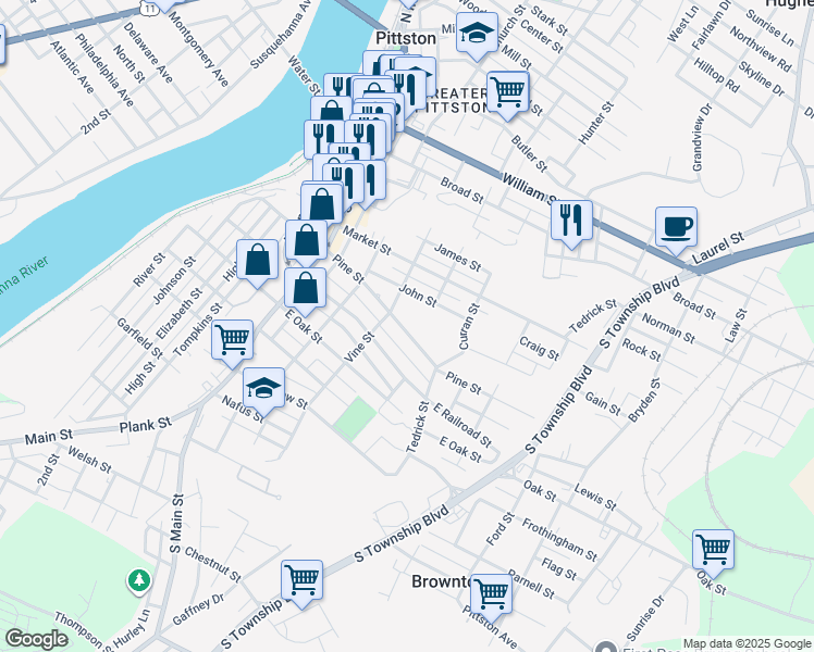 map of restaurants, bars, coffee shops, grocery stores, and more near 92 Pine St in Pittston