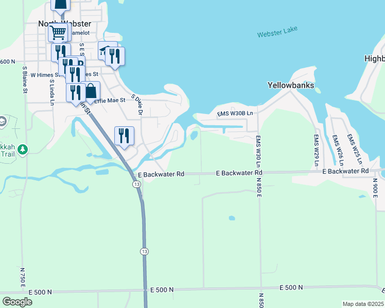 map of restaurants, bars, coffee shops, grocery stores, and more near 5583 North 825 East in North Webster