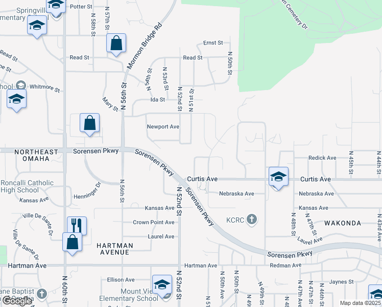 map of restaurants, bars, coffee shops, grocery stores, and more near 5128 Vernon Avenue in Omaha