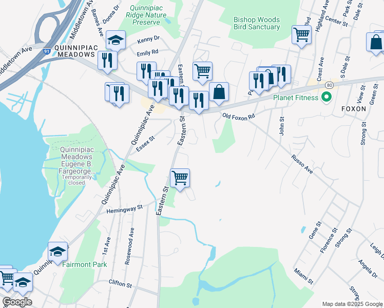 map of restaurants, bars, coffee shops, grocery stores, and more near 399 Eastern Street in New Haven