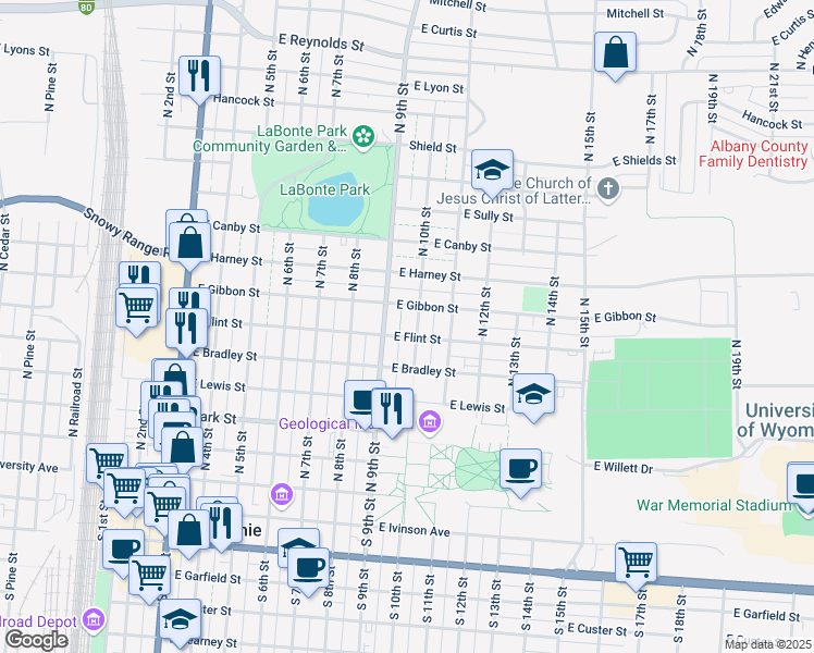 map of restaurants, bars, coffee shops, grocery stores, and more near 659 North 10th Street in Laramie