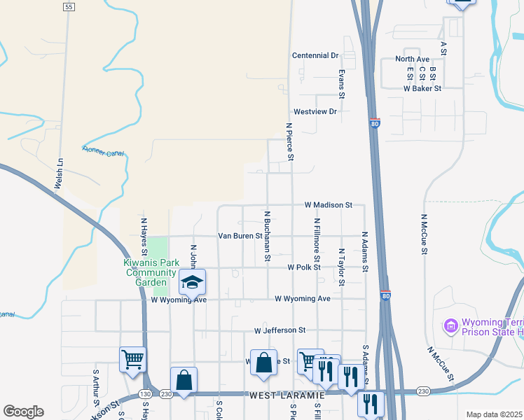 map of restaurants, bars, coffee shops, grocery stores, and more near 388 North Buchanan Street in Laramie