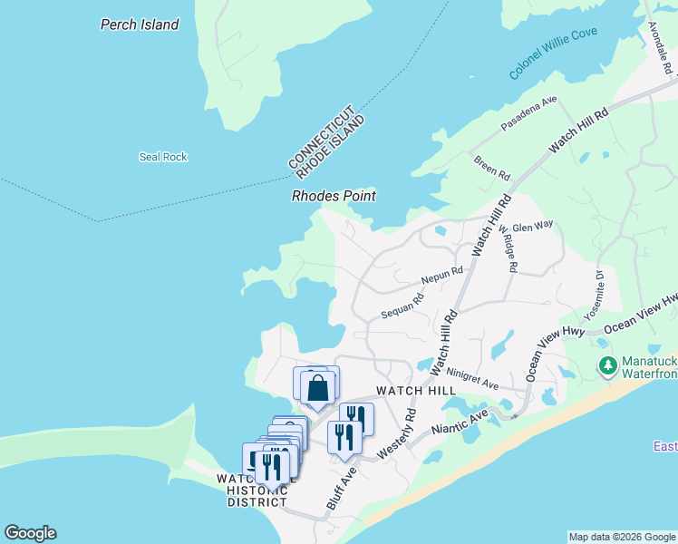 map of restaurants, bars, coffee shops, grocery stores, and more near 1 Arraquat Road in Westerly