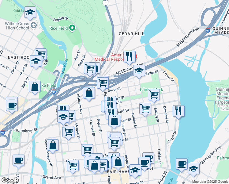 map of restaurants, bars, coffee shops, grocery stores, and more near 194 Dover Street in New Haven