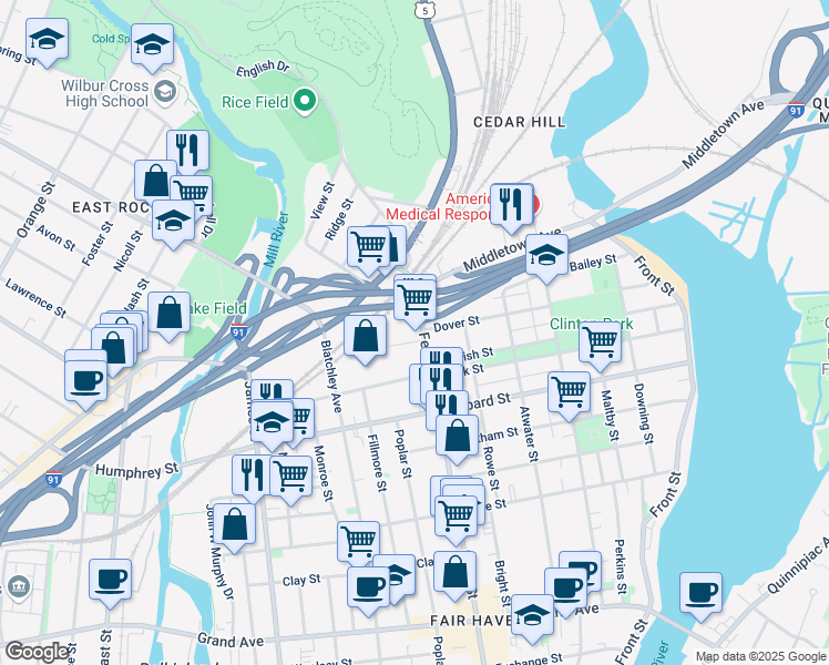 map of restaurants, bars, coffee shops, grocery stores, and more near 25 Fox Street in New Haven