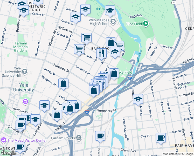 map of restaurants, bars, coffee shops, grocery stores, and more near 63 Lawrence Street in New Haven