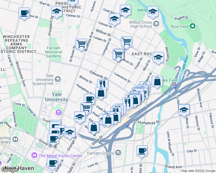 map of restaurants, bars, coffee shops, grocery stores, and more near 633 Orange Street in New Haven
