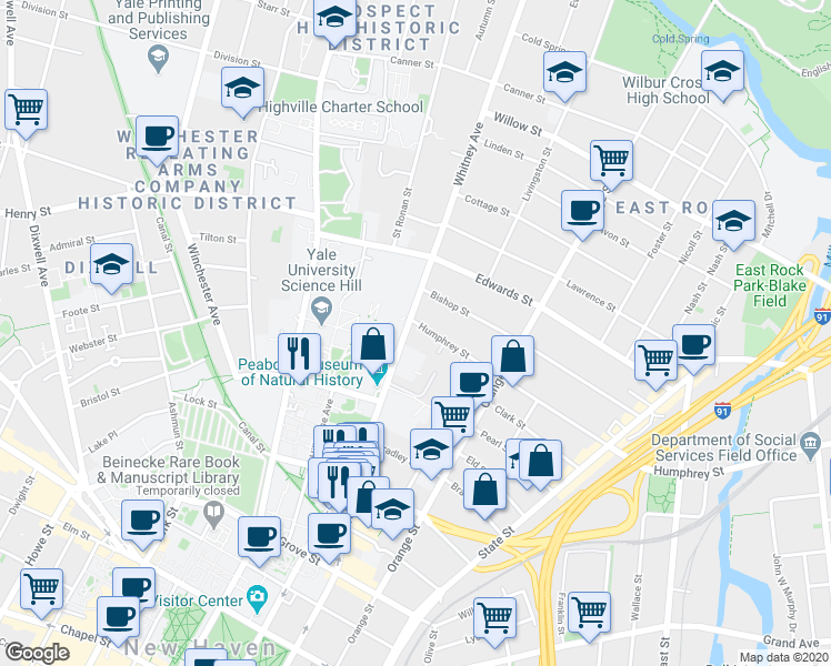 map of restaurants, bars, coffee shops, grocery stores, and more near 255 Whitney Avenue in New Haven
