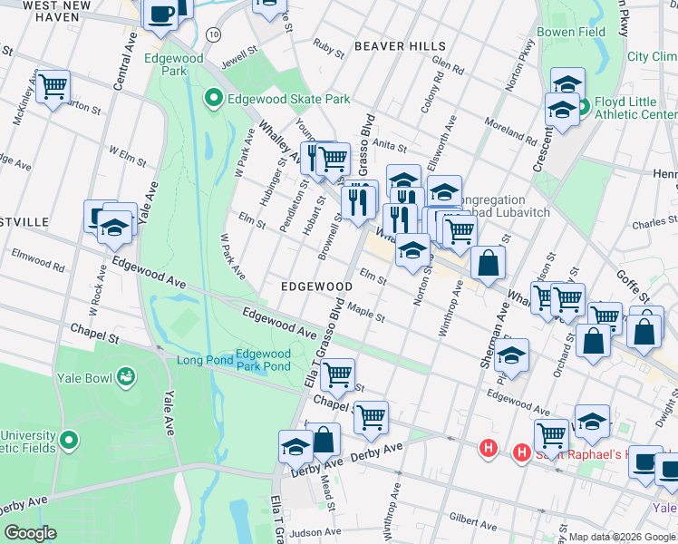 map of restaurants, bars, coffee shops, grocery stores, and more near 61 Brownell Street in New Haven