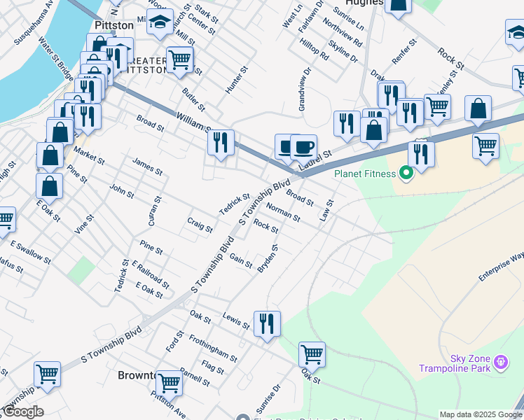 map of restaurants, bars, coffee shops, grocery stores, and more near 37 Bryden Street in Pittston