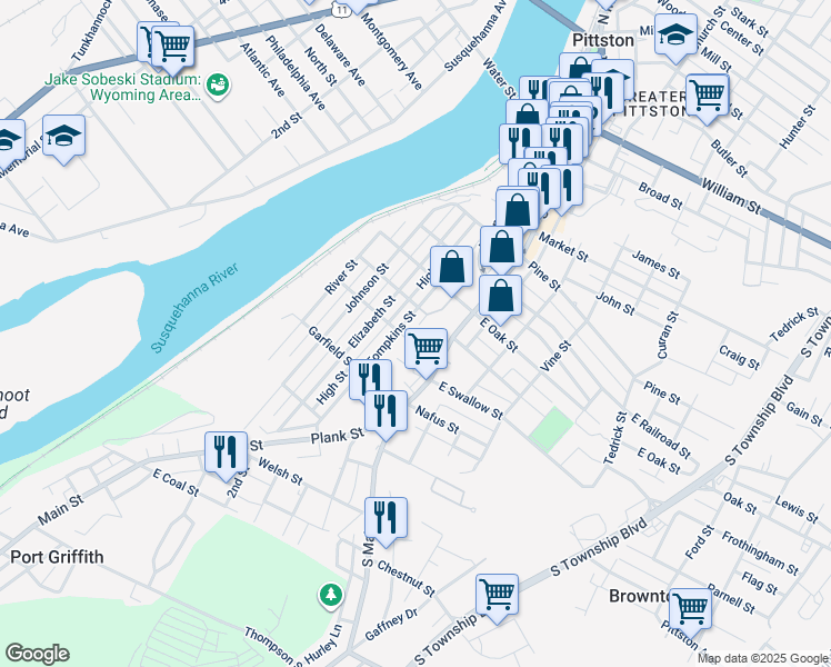 map of restaurants, bars, coffee shops, grocery stores, and more near 237 South Main Street in Pittston
