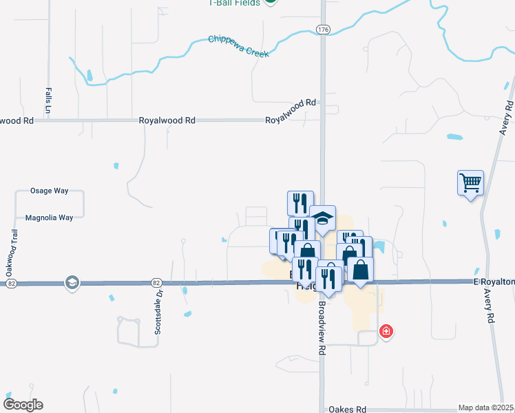 map of restaurants, bars, coffee shops, grocery stores, and more near 1300 Seneca Boulevard in Broadview Heights
