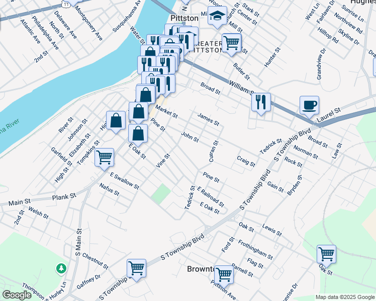 map of restaurants, bars, coffee shops, grocery stores, and more near 92 Pine St in Pittston