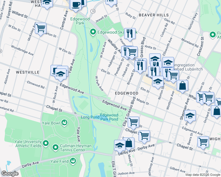 map of restaurants, bars, coffee shops, grocery stores, and more near Maple Street & Pendleton Street in New Haven