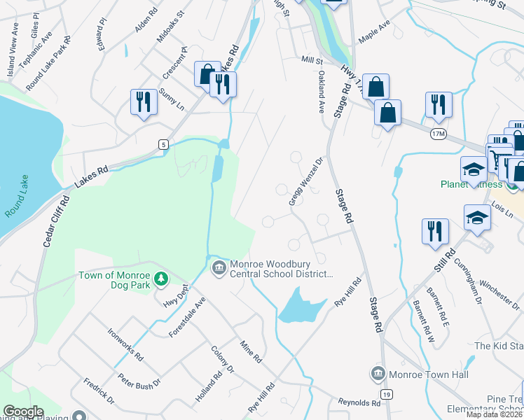 map of restaurants, bars, coffee shops, grocery stores, and more near 14 Moulton Circle in Monroe