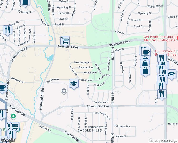 map of restaurants, bars, coffee shops, grocery stores, and more near 8002 Redick Avenue in Omaha