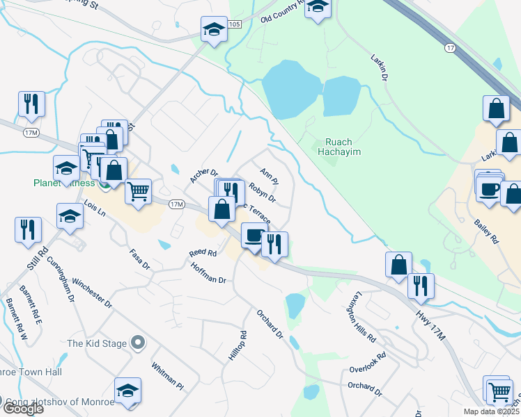 map of restaurants, bars, coffee shops, grocery stores, and more near 17 Marc Terrace in Monroe
