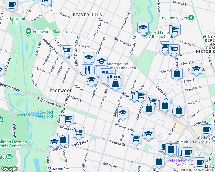 map of restaurants, bars, coffee shops, grocery stores, and more near Whalley Avenue & Winthrop Avenue in New Haven