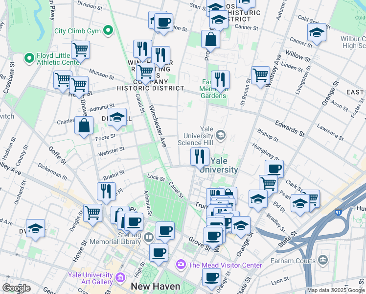 map of restaurants, bars, coffee shops, grocery stores, and more near 79 Mansfield Street in New Haven