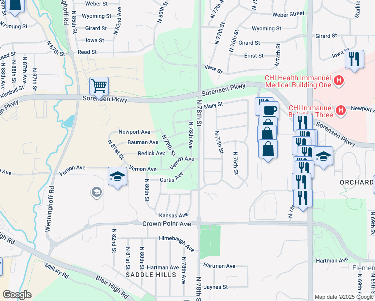 map of restaurants, bars, coffee shops, grocery stores, and more near 6414 North 78th Avenue in Omaha