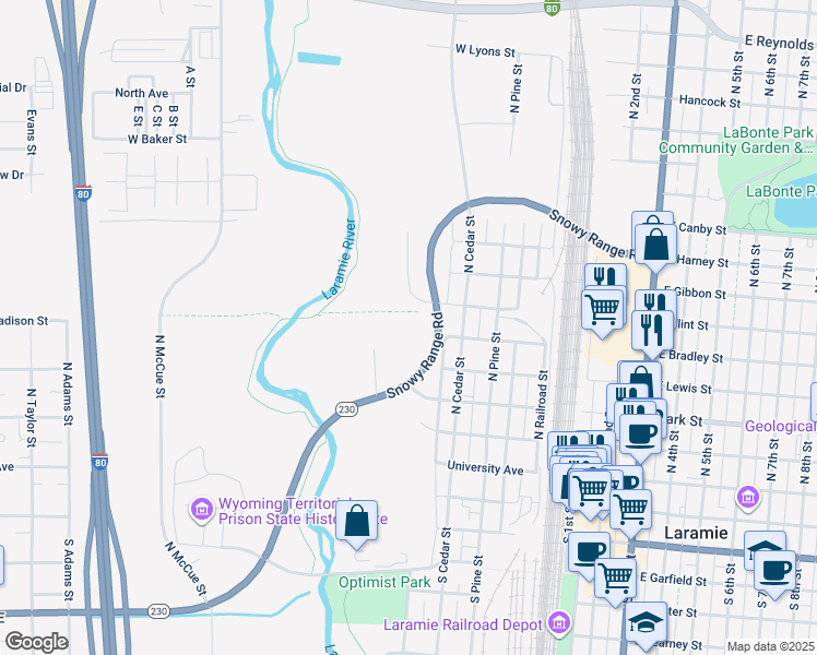 map of restaurants, bars, coffee shops, grocery stores, and more near 575 Snowy Range Road in Laramie