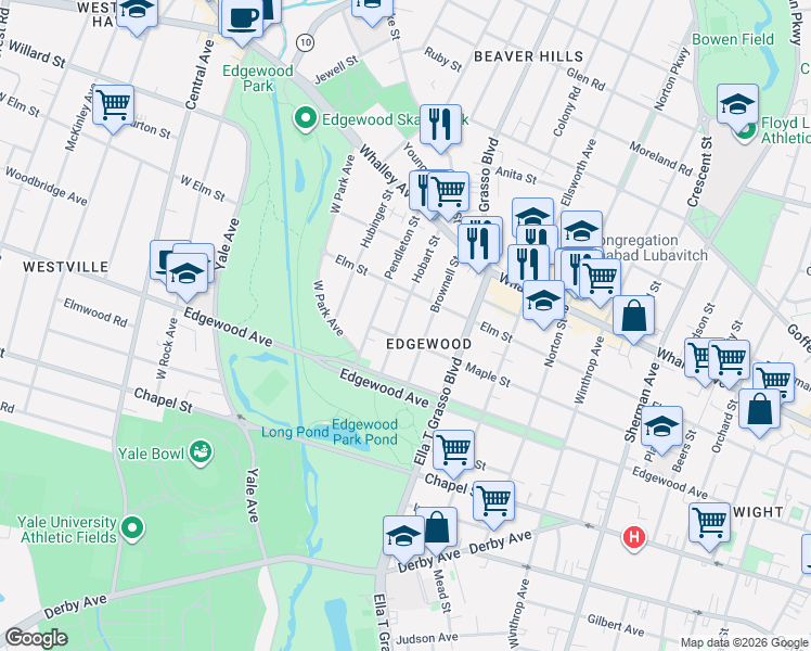 map of restaurants, bars, coffee shops, grocery stores, and more near 49 Hobart Street in New Haven