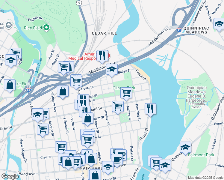 map of restaurants, bars, coffee shops, grocery stores, and more near 262 Clinton Avenue in New Haven