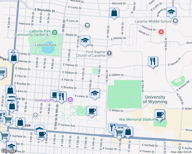 map of restaurants, bars, coffee shops, grocery stores, and more near 1314 East Gibbon Street in Laramie