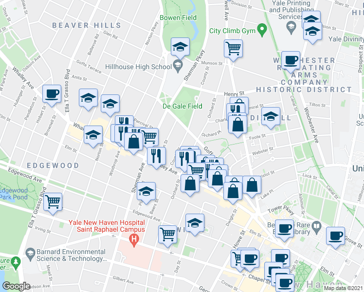 map of restaurants, bars, coffee shops, grocery stores, and more near 59 County Street in New Haven