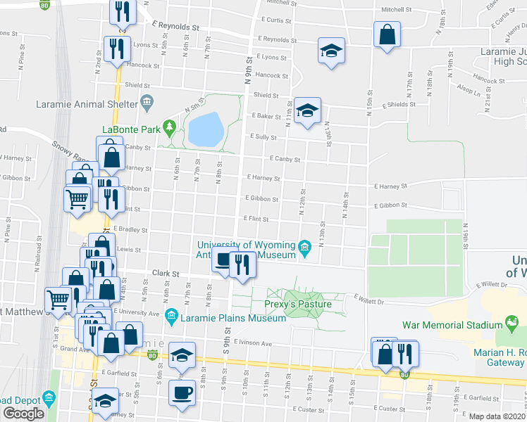 map of restaurants, bars, coffee shops, grocery stores, and more near 659 North 10th Street in Laramie
