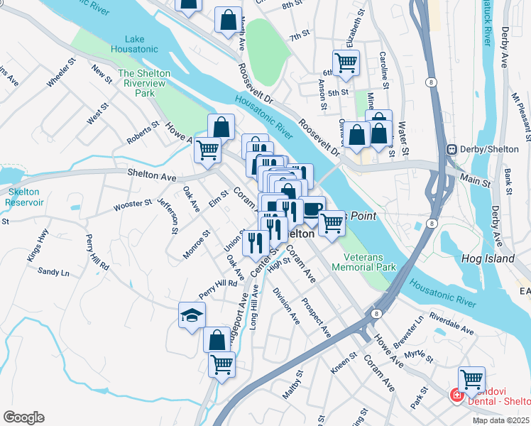 map of restaurants, bars, coffee shops, grocery stores, and more near 377 Coram Avenue in Shelton