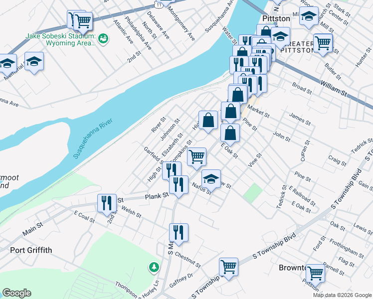 map of restaurants, bars, coffee shops, grocery stores, and more near 124 Tompkins Street in Pittston