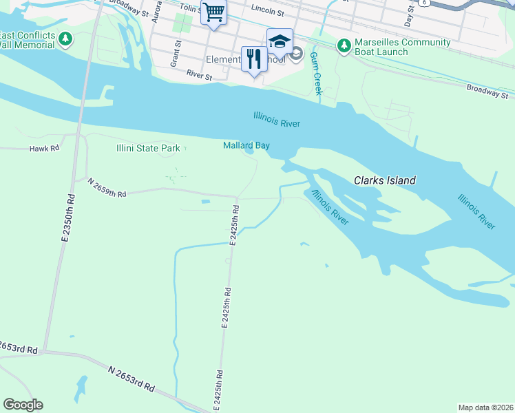 map of restaurants, bars, coffee shops, grocery stores, and more near 2430 North 2659th Road in Marseilles