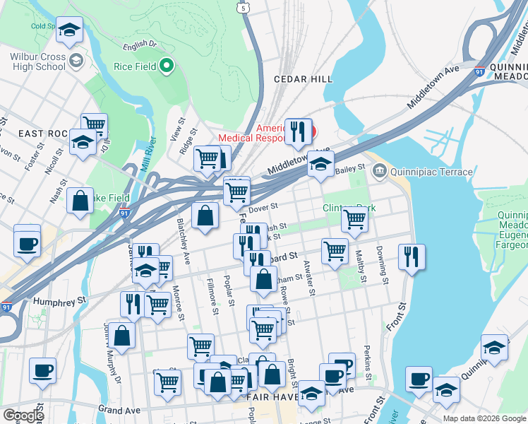 map of restaurants, bars, coffee shops, grocery stores, and more near 194 Dover Street in New Haven