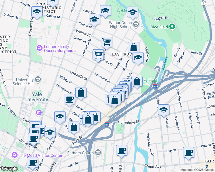 map of restaurants, bars, coffee shops, grocery stores, and more near 19 Foster Street in New Haven