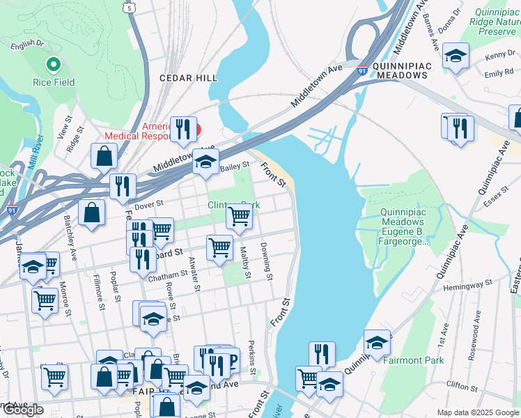 map of restaurants, bars, coffee shops, grocery stores, and more near 121 Downing Street in New Haven