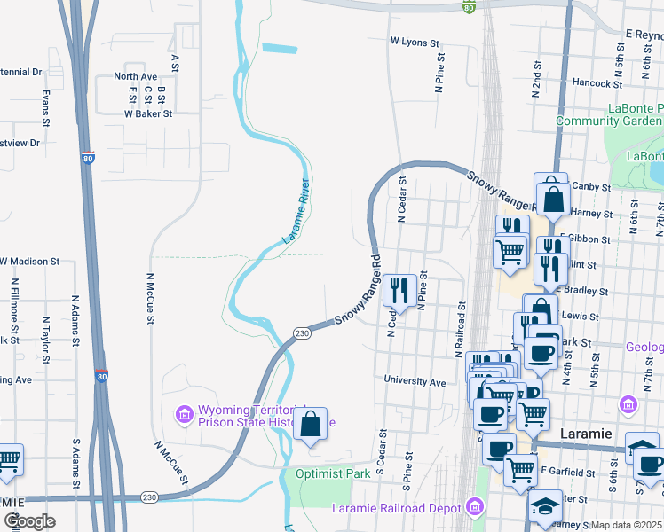 map of restaurants, bars, coffee shops, grocery stores, and more near 575 Snowy Range Road in Laramie