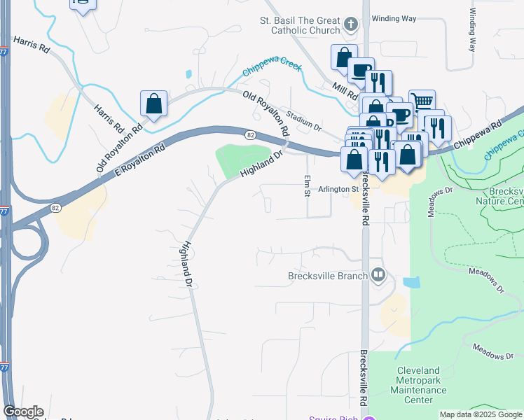map of restaurants, bars, coffee shops, grocery stores, and more near 6700 Chaffee Court in Brecksville