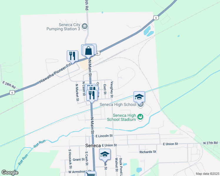 map of restaurants, bars, coffee shops, grocery stores, and more near 344 East Street in Seneca