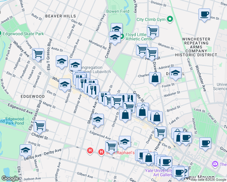 map of restaurants, bars, coffee shops, grocery stores, and more near 245 Whalley Avenue in New Haven