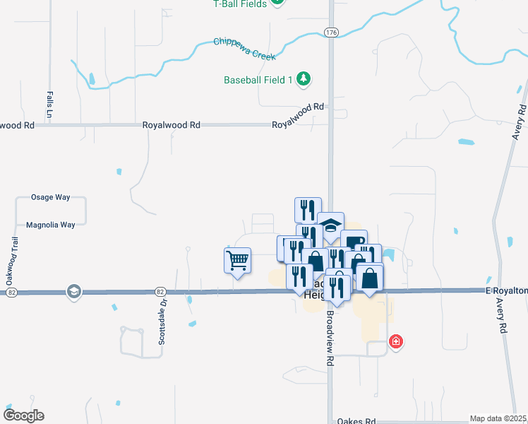 map of restaurants, bars, coffee shops, grocery stores, and more near 1300 Seneca Boulevard in Broadview Heights