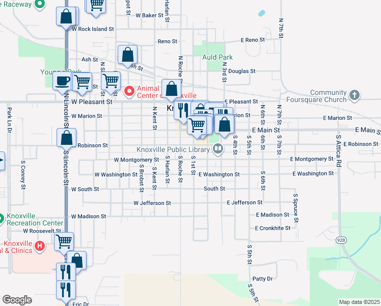 map of restaurants, bars, coffee shops, grocery stores, and more near 210 South 1st Street in Knoxville