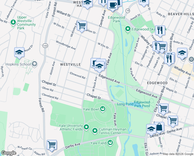 map of restaurants, bars, coffee shops, grocery stores, and more near 79 West Rock Avenue in New Haven