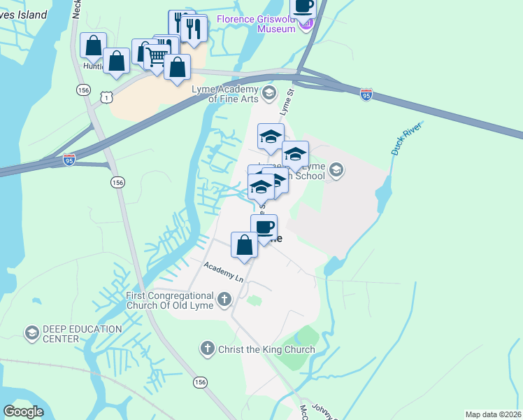 map of restaurants, bars, coffee shops, grocery stores, and more near 48 Lyme Street in Old Lyme