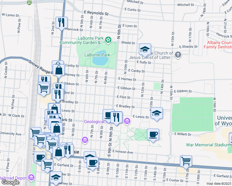 map of restaurants, bars, coffee shops, grocery stores, and more near 655 North 9th Street in Laramie